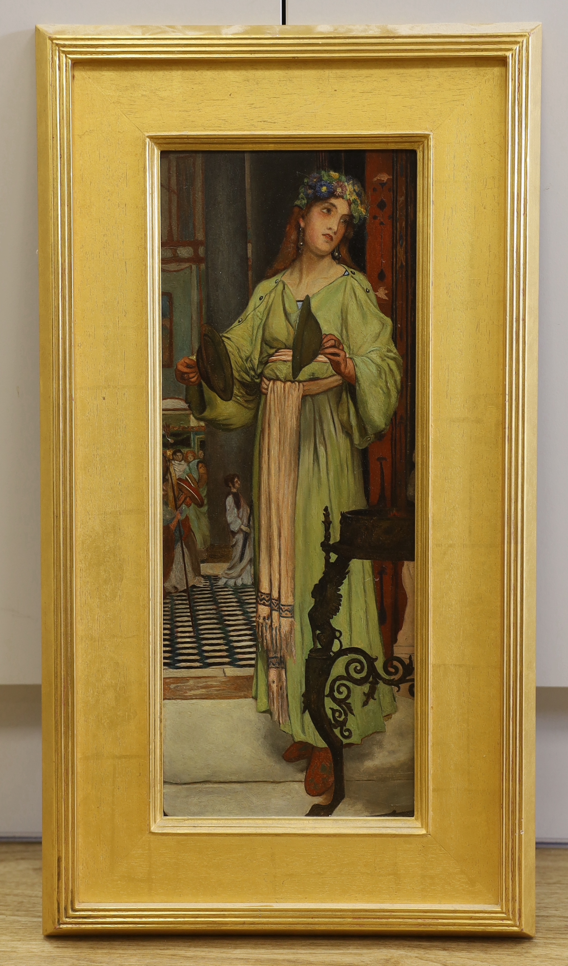 After Sir Lawrence Alma-Tadema (Dutch, 1836-1912), oil on millboard, Woman holding cymbals, 47 x 17.5cm